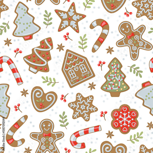 Seamless pattern Christmas theme with ginger breads, candies, Christmas tree, stars. Vector illustration.