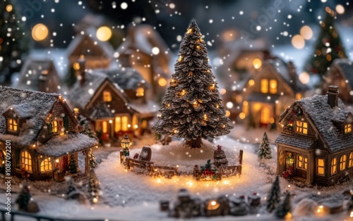 Snowy Village Celebration: A charming snow-covered village with glowing lights, a central Christmas tree, and festive decorations around cozy cottages. 