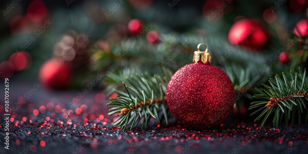 A vibrant and festive close-up scene featuring a red Christmas ornament nestled among fir branches with sparkling decorations in the background A vibrant and festive close-up scene featuring a red Christmas ornament nestled among fir branches with sparkling decorations in the background