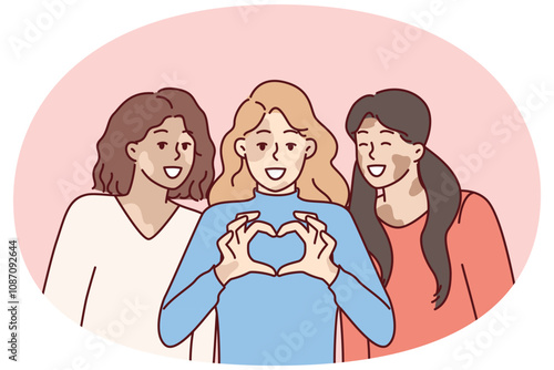 Three women with vitiligo syndrome are smiling demonstrating heart gesture as sign of self-love. Girl friends congratulate on vitiligo day calling for tolerance to people with depifmentation of skin