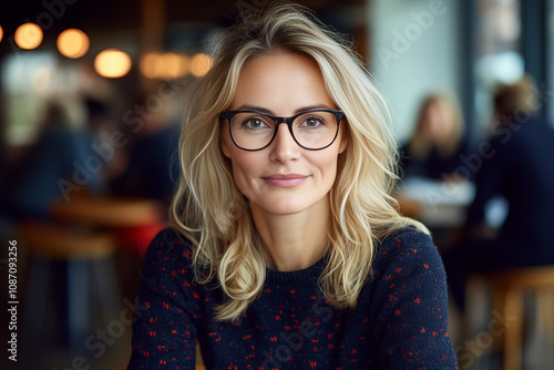 Smiling middle-aged blonde woman with glasses in a modern office, showcasing confidence, intelligence, and approachability, ideal for themes of leadership, career success, and business communication. 