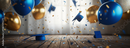 An enchanting scene of blue graduation caps and golden balloons floating in the air, set against an empty wooden floor with confetti scattered around