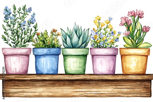 Wallpaper Mural Watercolor Painting of Five Colorful Potted Plants on a Wooden Shelf; Perfect for Home Decor, Springtime Themes, and Botanical Illustrations. Torontodigital.ca