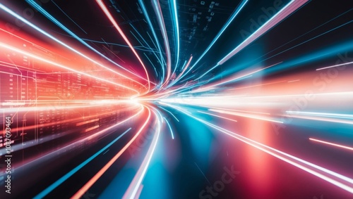 Dynamic light trails create a vibrant, futuristic atmosphere in a night cityscape