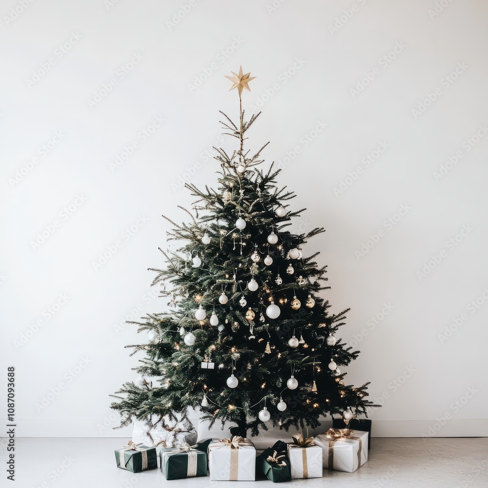 minimalistic green and fresh christmas tree decorated with golden ornaments and ligts against white background minimalistic green and fresh christmas tree decorated with golden ornaments and ligts against white background