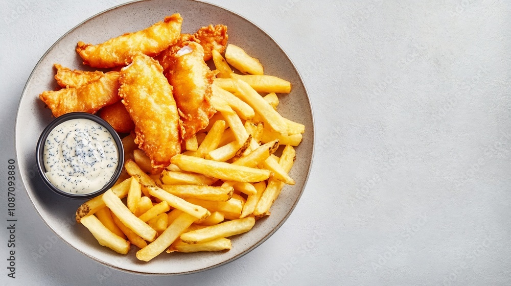 Delectable Plate of Crispy Fish and Chips with Creamy Tartar Sauce on White Background Delectable Plate of Crispy Fish and Chips with Creamy Tartar Sauce on White Background