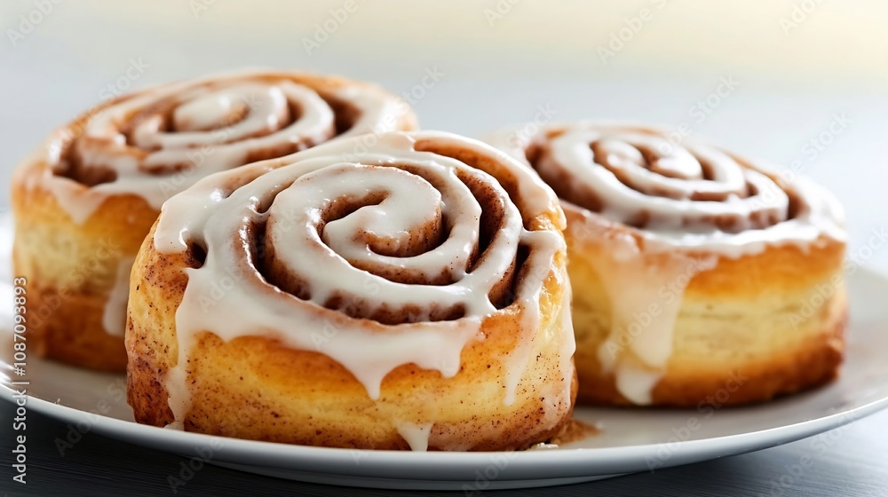 Freshly Baked Cinnamon Rolls with Creamy Icing and Swirling Spiral Design Freshly Baked Cinnamon Rolls with Creamy Icing and Swirling Spiral Design