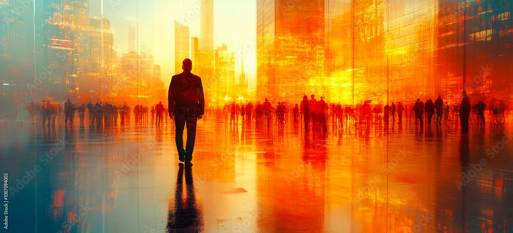 Vibrant Urban Business Network Scene with Dramatic Lighting and Reflections Vibrant Urban Business Network Scene with Dramatic Lighting and Reflections