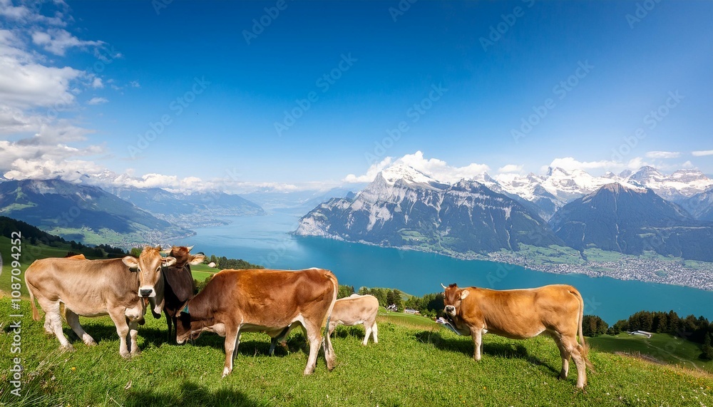 Many young cows graze on alpine pasture with amazing view of swiss lake Geneva on background Many young cows graze on alpine pasture with amazing view of swiss lake Geneva on background