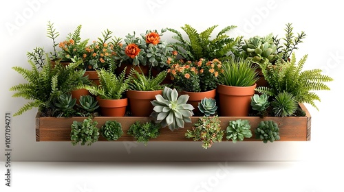 Handcrafted wooden planter box filled with a bountiful array of healthy potted plants including ferns succulents and blooming flowers photo