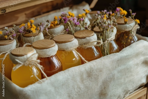 Wallpaper Mural A box of honey jars with wooden tops and  wildflowers wrapped around the lid, in an open wood chest on linen cloth. Sustainable glass packaging for organic products concept. Torontodigital.ca