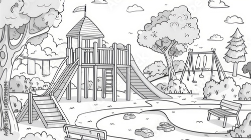 Wallpaper Mural A whimsical playground scene with a tall play structure swings and benches nestled among shady trees Torontodigital.ca
