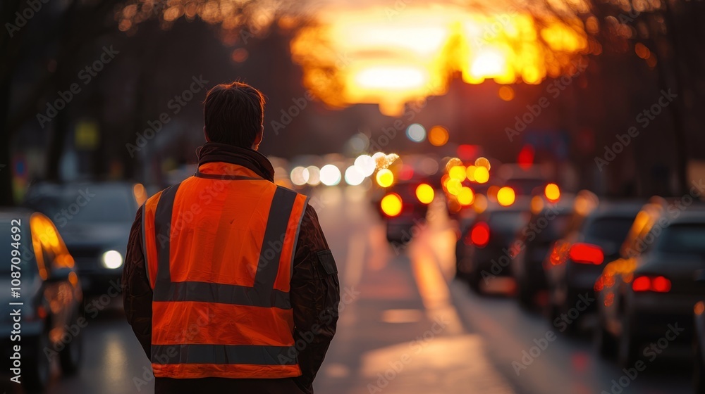 Sunset Scene with Man in Safety Vest on Busy Road Sunset Scene with Man in Safety Vest on Busy Road