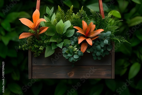 Rustic wooden planter box filled with a flourishing array of lush houseplants cascading greenery and natural tones captured in a soft focus botanical photography style with a vintage film aesthetic photo