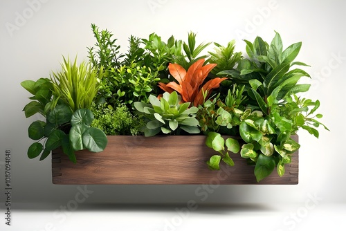 Rustic handcrafted wooden planter box overflowing with a diverse jungle inspired selection of lush textural houseplants staged on a bright airy white background  The vibrant photo