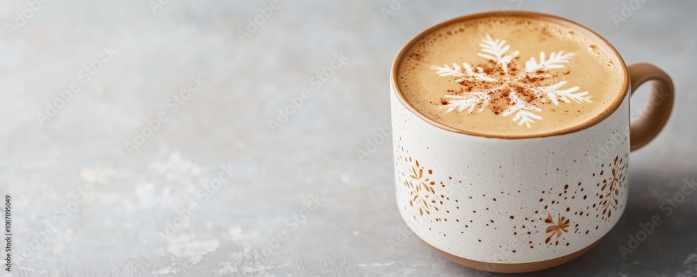 Mug of latte with snowflake pattern on the surface, placed against light gray background with copy space banner. Festive and holiday concept. Perfect as gift or decoration for Christmas season. Mug of latte with snowflake pattern on the surface, placed against light gray background with copy space banner. Festive and holiday concept. Perfect as gift or decoration for Christmas season.