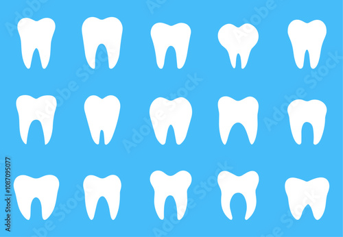 Human teeth white icons set. Tooth icon emblem logo. Dental care clinic examination mouth hygiene healthy lifestyle dentistry design element. Cartoon style isolated vector clipart collection