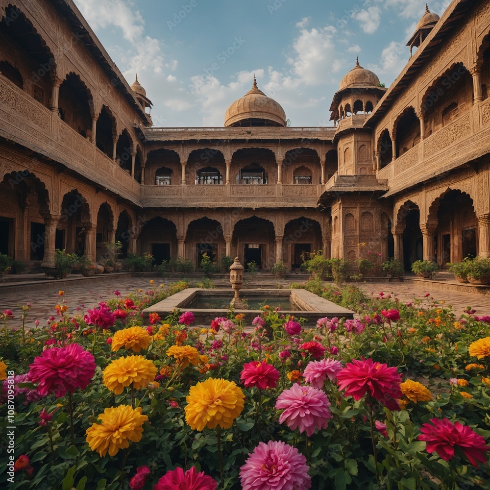 Fototapeta premium Vibrant blooms in an Indian palace courtyard surrounded by intricate architecture.