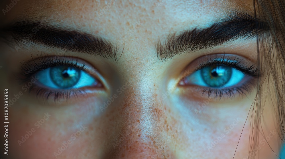 Fototapeta premium A close-up image of strikingly vibrant blue eyes framed by dark eyebrows, capturing profound expression and detail in a subtle photographic composition