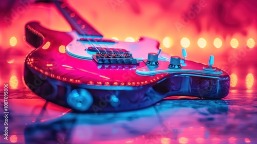 Electric Bass Guitar Under Neon Lights