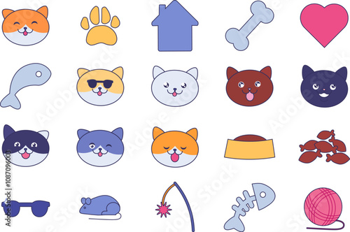 Large kit of pet care accessories, funny cat faces and toys. Collection of kitten avatars with different facial expressions. Set of multicolored icons and symbols isolated on white background