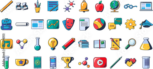 Set of school items, stationery and educational materials. Textbooks, notebook, school backpack, chemical flasks icons. Futuristic stroked shadows and highlights vector isolated on white background