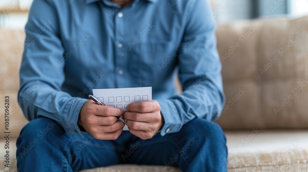 Mental Health Services and Healthcare Access. Man holding notes on a couch Mental Health Services and Healthcare Access. Man holding notes on a couch