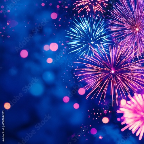 Vibrant fireworks display against a dark blue night sky with bokeh lights.