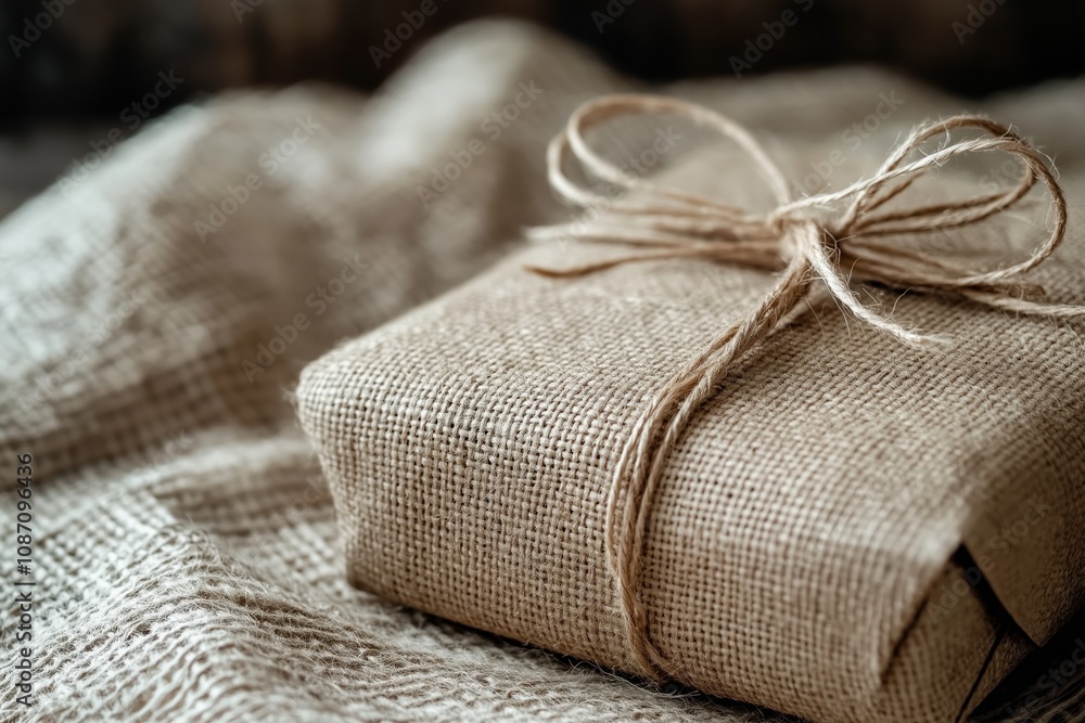 Close-up of a gift wrapped in burlap fabric with twine in a vintage and rustic style with copy space. Close-up of a gift wrapped in burlap fabric with twine in a vintage and rustic style with copy space.