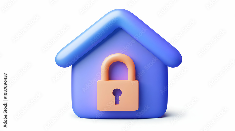 3D Render of a Blue House Icon with a Padlock Inside, Representing Security and Protection 3D Render of a Blue House Icon with a Padlock Inside, Representing Security and Protection