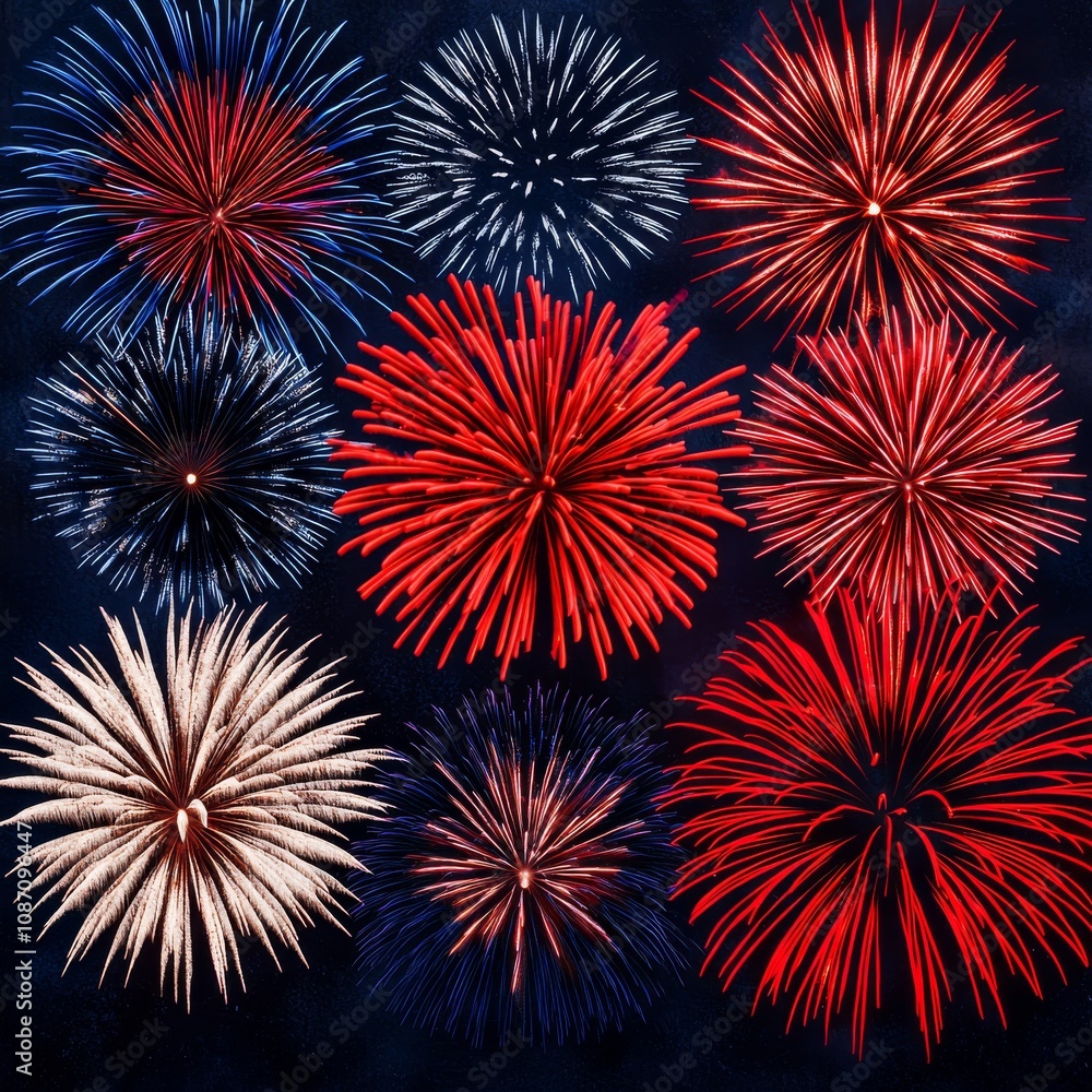 Vibrant fireworks display in red, white, and blue. Vibrant fireworks display in red, white, and blue.