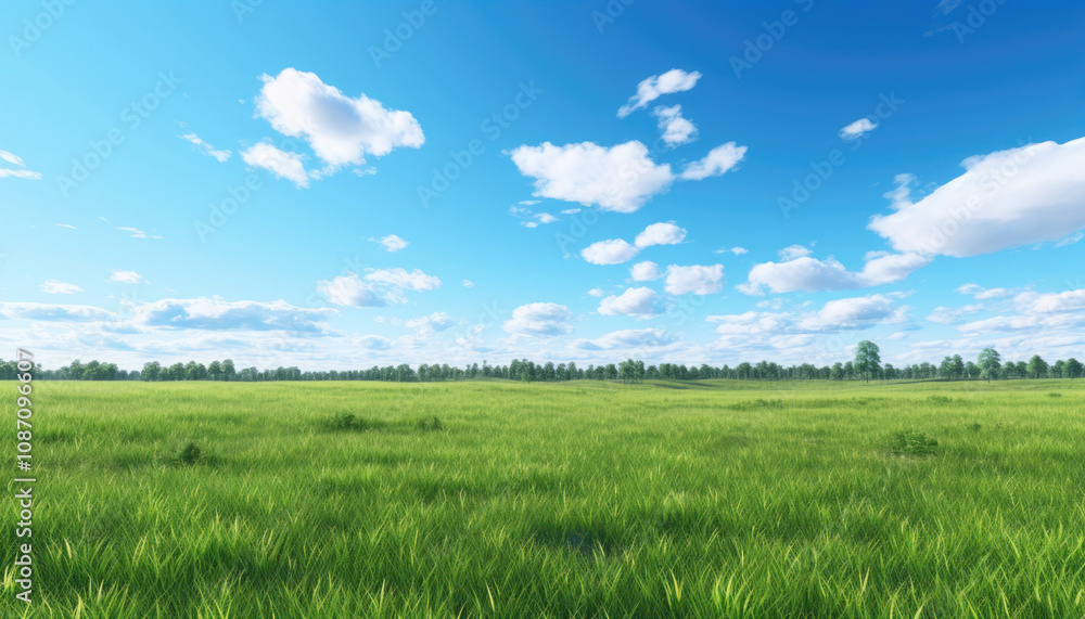 View of an open grass field in nature, bright day, in the morning, short grass, mostly blue sky. View of an open grass field in nature, bright day, in the morning, short grass, mostly blue sky.