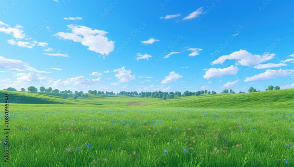 Lush green field under bright blue sky with white clouds, agricultural land, scenic countryside. Lush green field under bright blue sky with white clouds, agricultural land, scenic countryside.