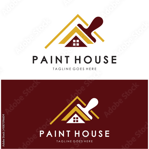 logo icon illustration house paint with a blend of brushes and rollers for house wall paint design, minimalist house, painting, interior, building, property business, wallpaper, vector concept
