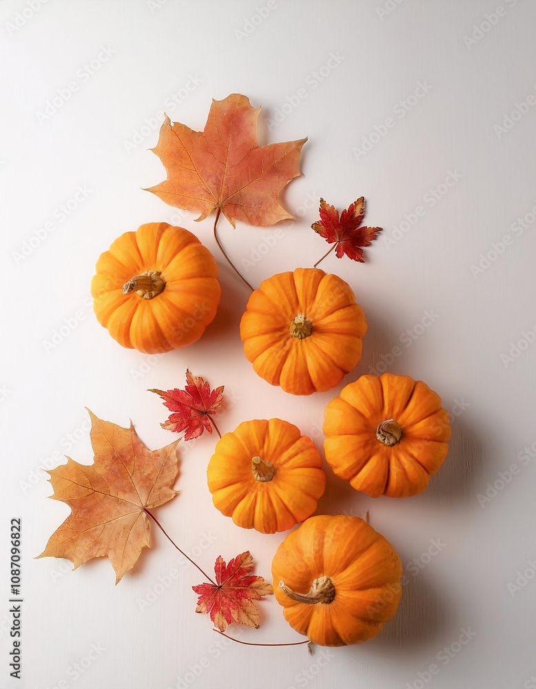 Small pumpkins are arranged with dried maple leaves on a white background Small pumpkins are arranged with dried maple leaves on a white background