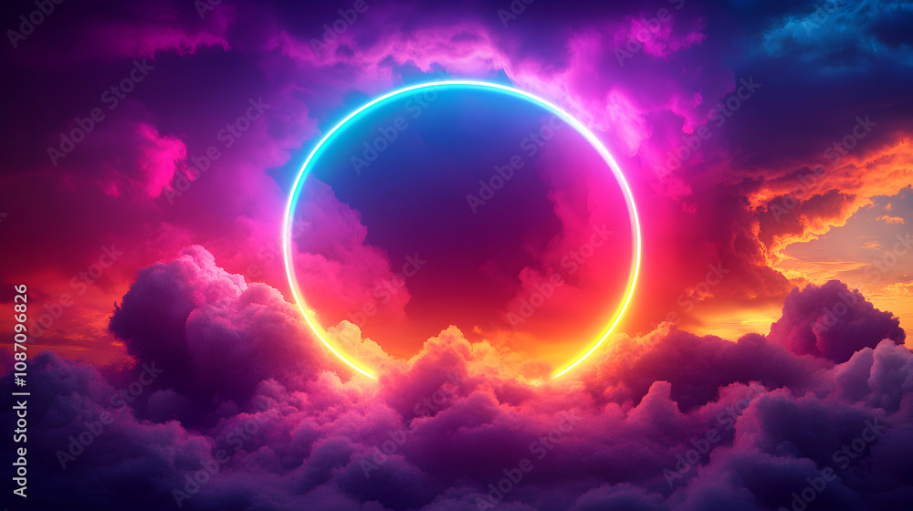 A Vibrant Neon Circle Glowing Over a Sea of Purple Clouds at Sunset, Creating an Abstract and Dreamy Digital Art Background. A Vibrant Neon Circle Glowing Over a Sea of Purple Clouds at Sunset, Creating an Abstract and Dreamy Digital Art Background.