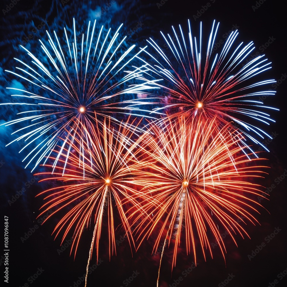 Vibrant red, white, and blue fireworks explode in the night sky. Vibrant red, white, and blue fireworks explode in the night sky.
