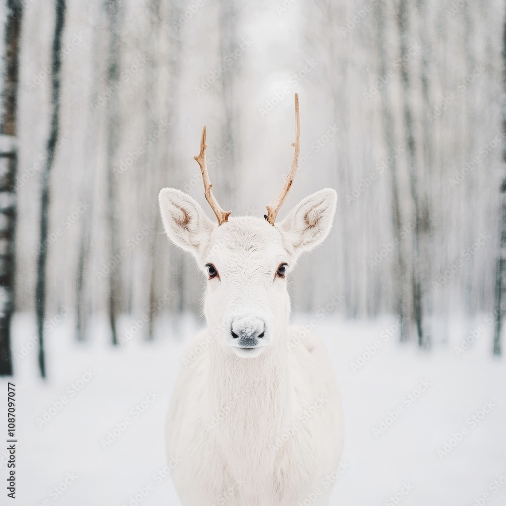 White deer in snowy birch forest. White deer in snowy birch forest.