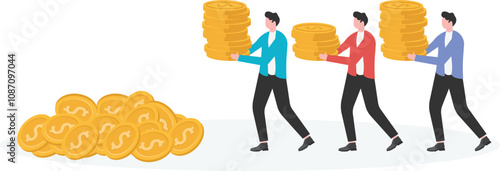 businessmen carry gold coins and collect them into a pile, the businessmen work hard to make money

