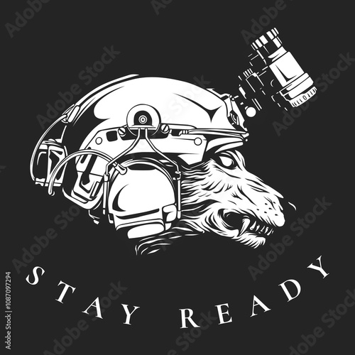 Wolf head wearing military helmet with nigh vision googles