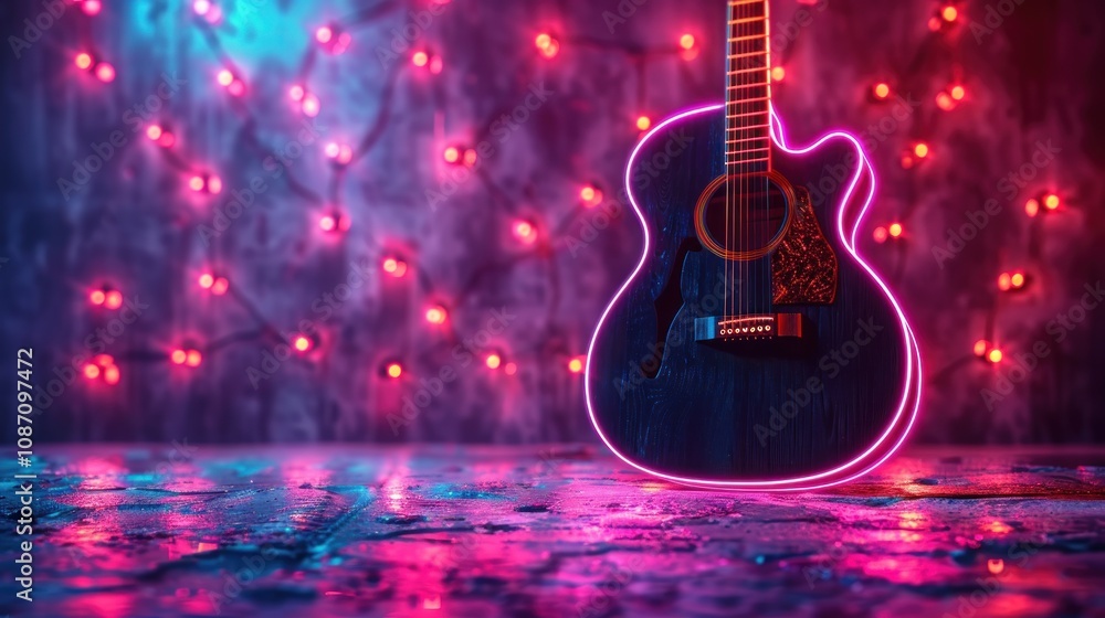Fototapeta premium Acoustic Guitar Under Neon Lights