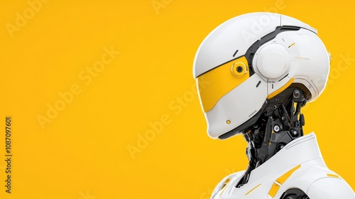 Futuristic robot head against a bright yellow background.