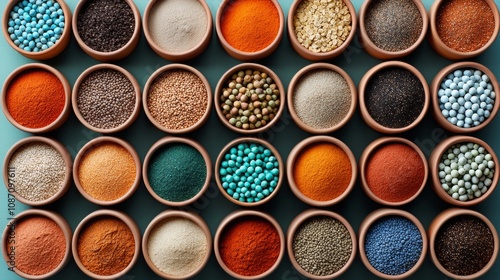 Vibrant display of assorted spices in bowls, highlighting rich colors and textures, ideal for culinary promotion and branding.