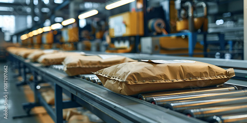 Conveyor Belt with Brown Packages in Factory, Automated Sorting and Packaging System in Facility