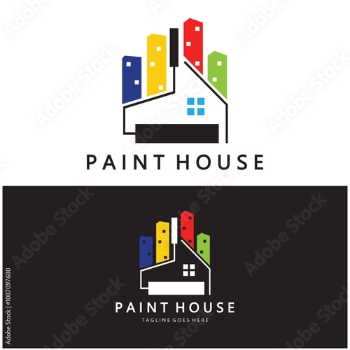 logo icon illustration house paint with a blend of brushes and rollers for house wall paint design, minimalist house, painting, interior, building, property business, wallpaper, vector concept