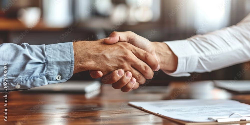 Handshake Between Two Businessmen on a Wooden Table Handshake Between Two Businessmen on a Wooden Table