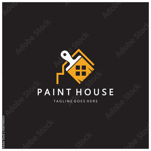 logo icon illustration house paint with a blend of brushes and rollers for house wall paint design, minimalist house, painting, interior, building, property business, wallpaper, vector concept