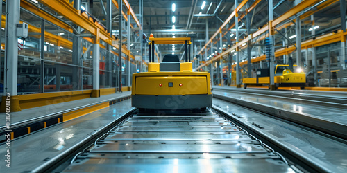  Autonomous Robots on Conveyor System in Factory, Automated Transport in Industrial Logistics Facility