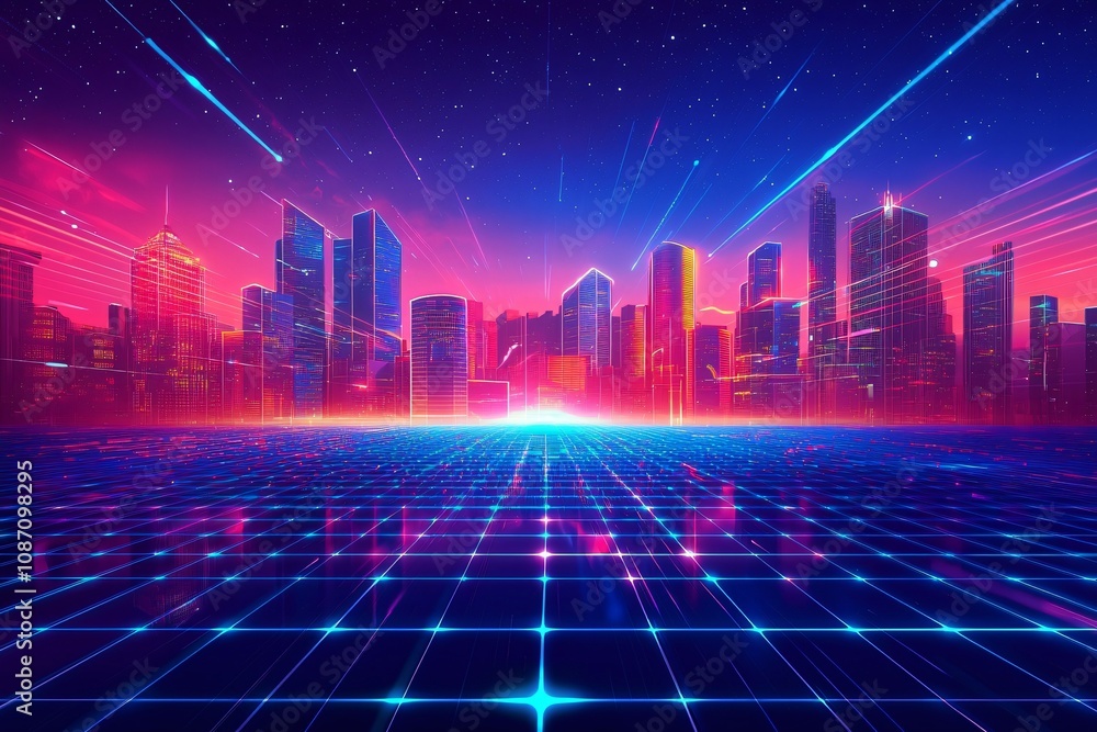 Futuristic City Skyline in Neon Colors with Digital Grid Futuristic City Skyline in Neon Colors with Digital Grid