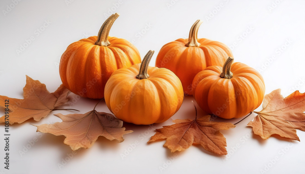 Small pumpkins are arranged with dried maple leaves on a white background Small pumpkins are arranged with dried maple leaves on a white background
